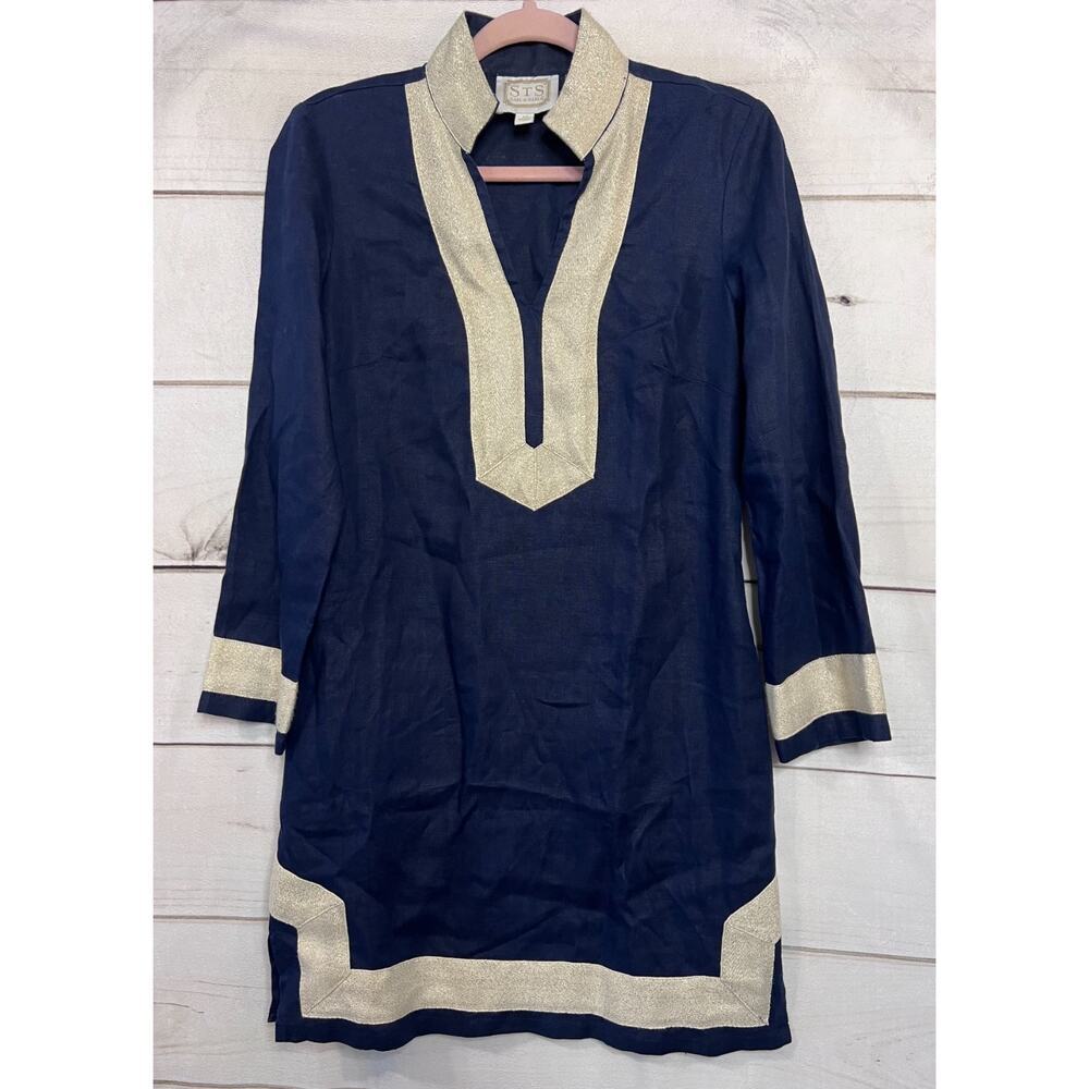 Sail to Sable Size XS Long Sleeve Dress‎ Navy With Gold Trim Linen